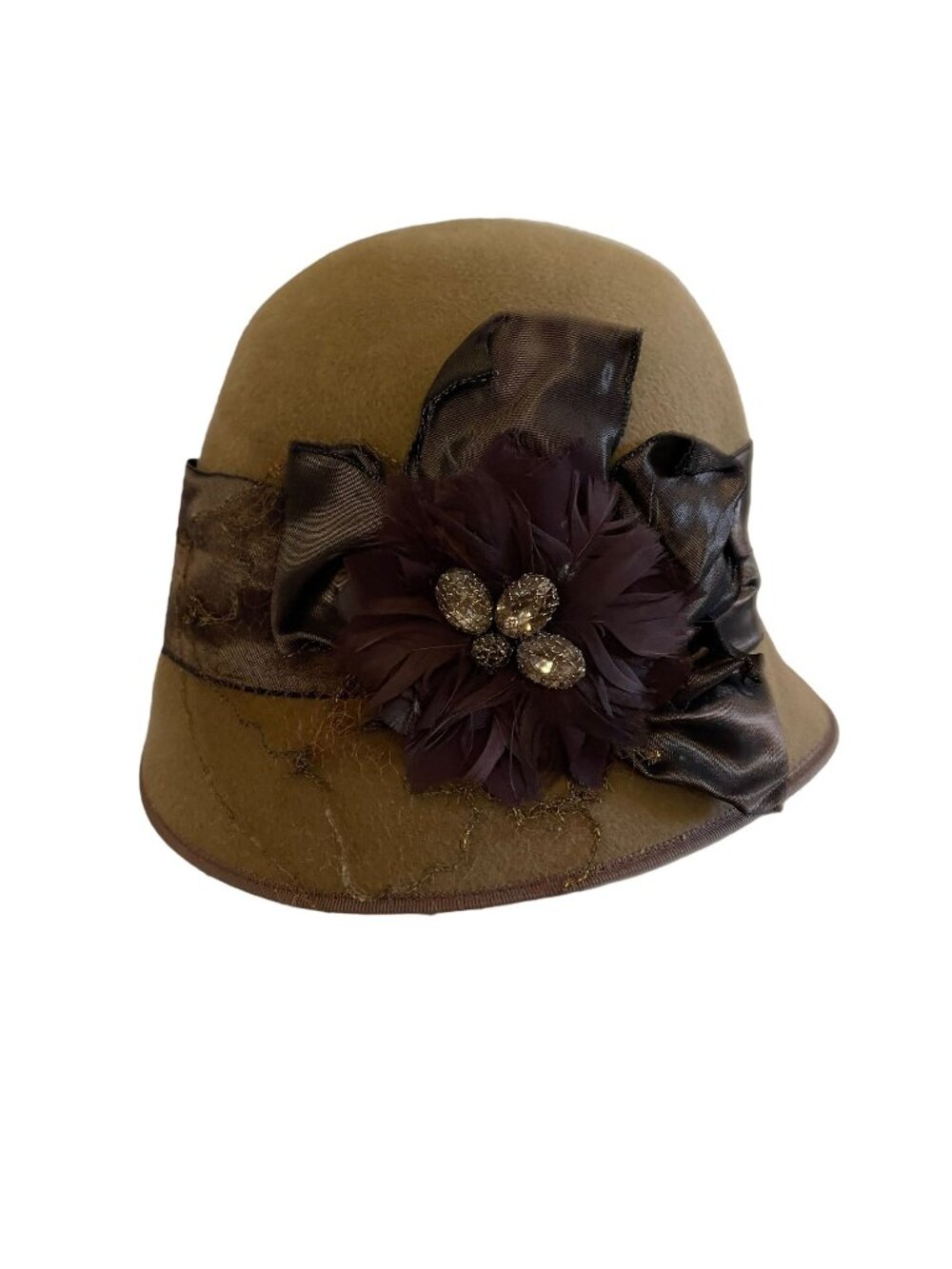 Louise Green Brown Wool Cloche Hat Satin Ribbon Feather Rhinestone Flower Accent